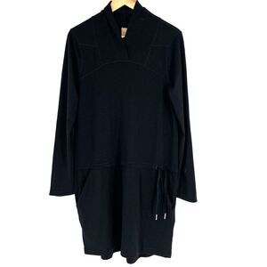 Indygena Dress Size Medium Black Drawstring Tie Waist Casual Pockets V Neck